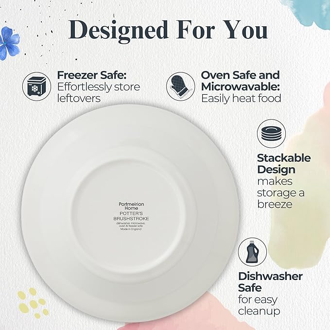 Portmeirion Potter's Brushstroke Oatmeal Bowls (Set of 4) - Elegant Earthenware for Breakfast, Lunch & Dessert - Microwave & Dishwasher Safe Bowls, Handcrafted Stackable Bowl Collection (Grey)