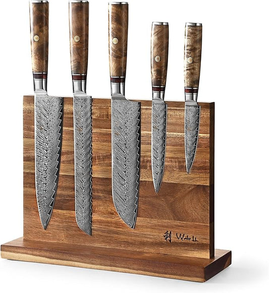 Wakoli Damascus Chef Knife Set with Magnetic Block – 5-Piece Professional Kitchen Knife Collection | Genuine 67-Layer Damascus Steel Blades with VG10 Core | Ergonomic Sycamore Wood Handles