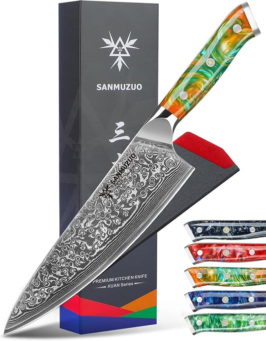 Chef Knife - 8 inch - Xuan Series - VG10 Damascus Steel Kitchen Knife - Resin Handle (Fantasy Orange)