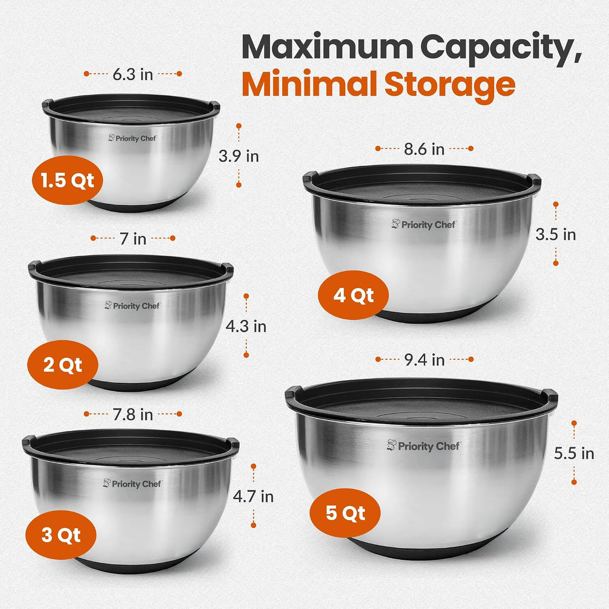 Premium Mixing Bowls with Airtight Lids Set, Thicker Stainless Steel, Black – detail