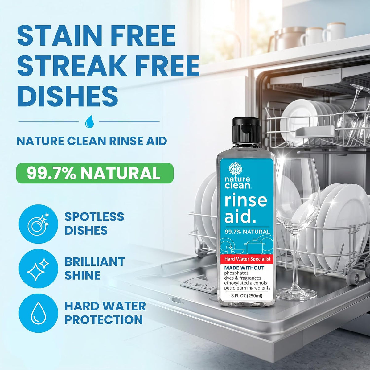 Dishwasher Rinse Aid Liquid, Non Toxic Natural Formula, Spot Free Shine – close-up