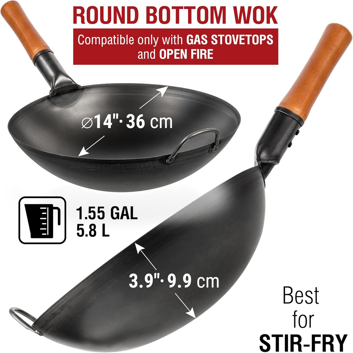 14" Black Carbon Steel Wok with Round Bottom – detail