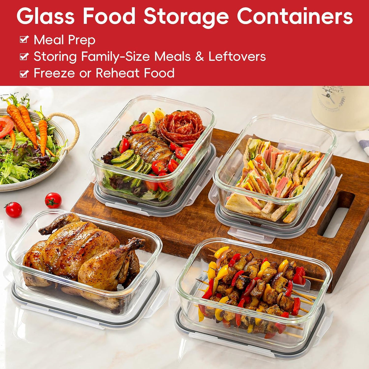 4 Pack 8 Cups/ 63oz Large Glass Storage Containers with Lids, Meal Prep – features