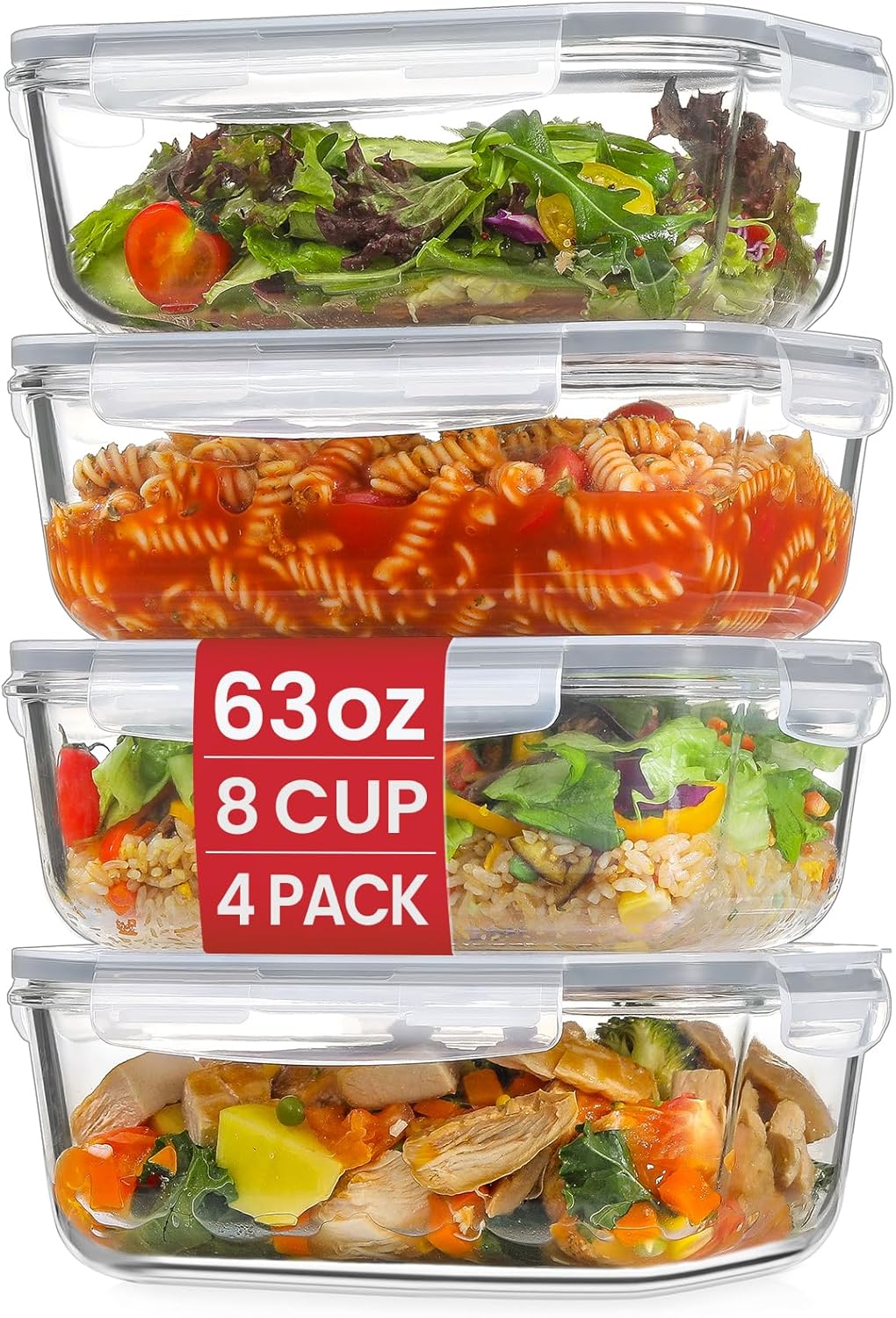 4 Pack 8 Cups/ 63oz Large Glass Storage Containers with Lids, Meal Prep