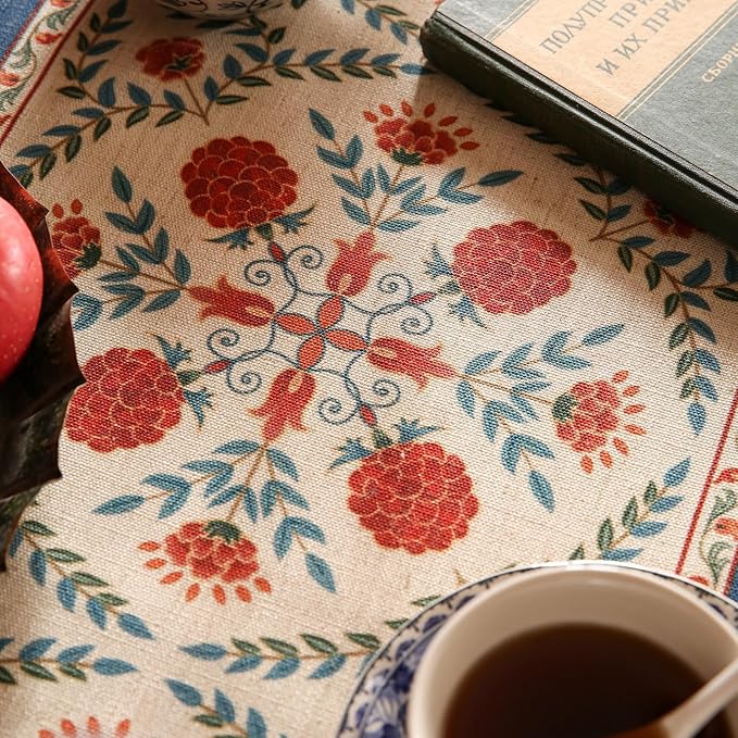 Table Runner, Floral Polyester Linen Blend, 12 x 71 Inch, Coffee