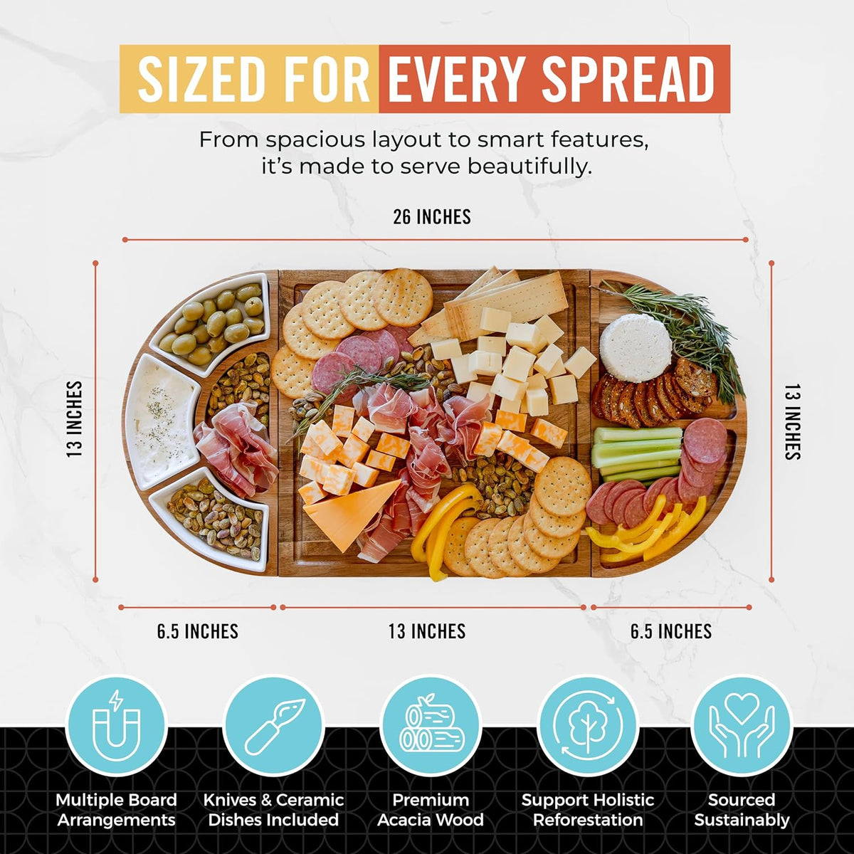 Elite Snacker Large Charcuterie Board Set, Acacia Wood, Premium Finish – alternate view
