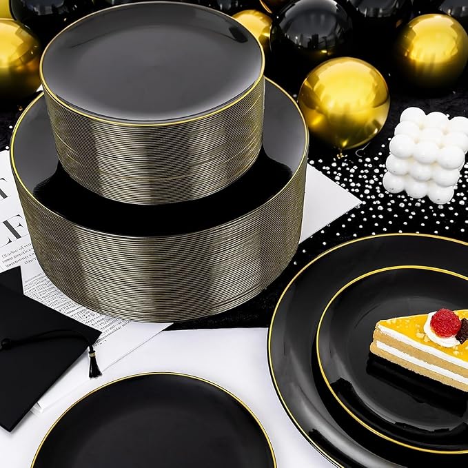 Plates: 9-Inch and 6.3-Inch Black Disposable Plastic Plates with Gold Rim