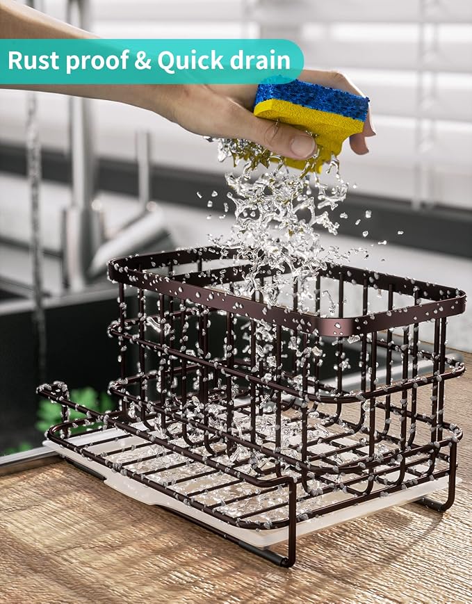 Kitchen Sink Caddy, Stainless Steel with Pull-Out Drain Tray, Bronze