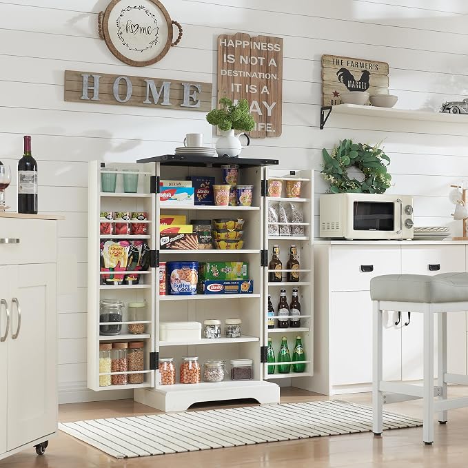Pantry Cabinet with Barn Doors and Adjustable Shelves, Off White, 47-Inch