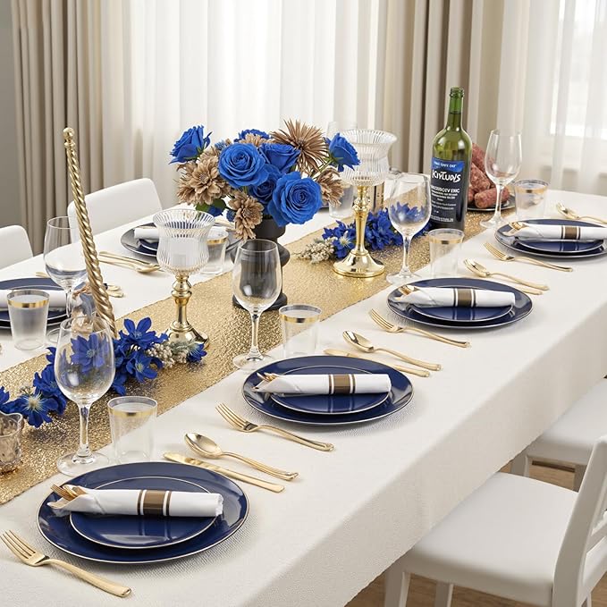 Plates Set, Navy Blue Heavy Duty Plastic with Gold Trim, 350 Pieces