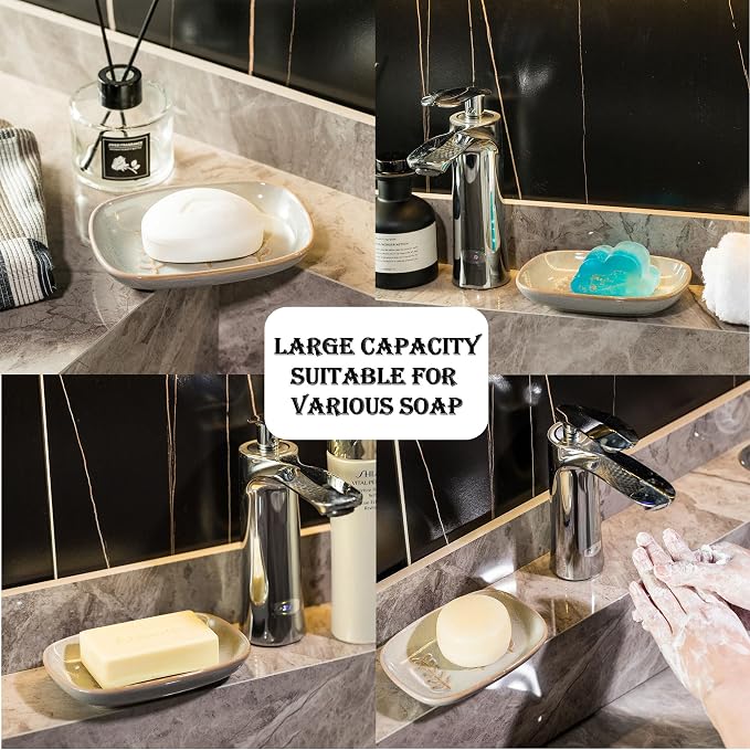 Soap Dish, Grey Ceramic Non-Slip Holder for 1-2 Bars