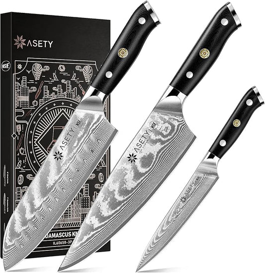 Damascus Kitchen Knife Set 3 PCS: NSF Food-Safe Japanese Knives with VG10 Steel Core, Ultra-Sharp Professional Chef Knife Set and Full Tang G10 Handle, Elegant Box