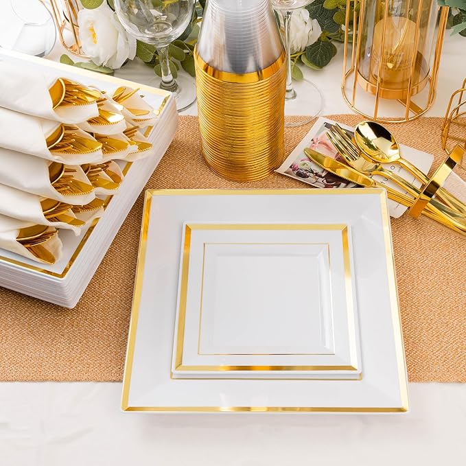 Plastic Party Plates Set, 352 Pieces, Gold Rim, Serves 50