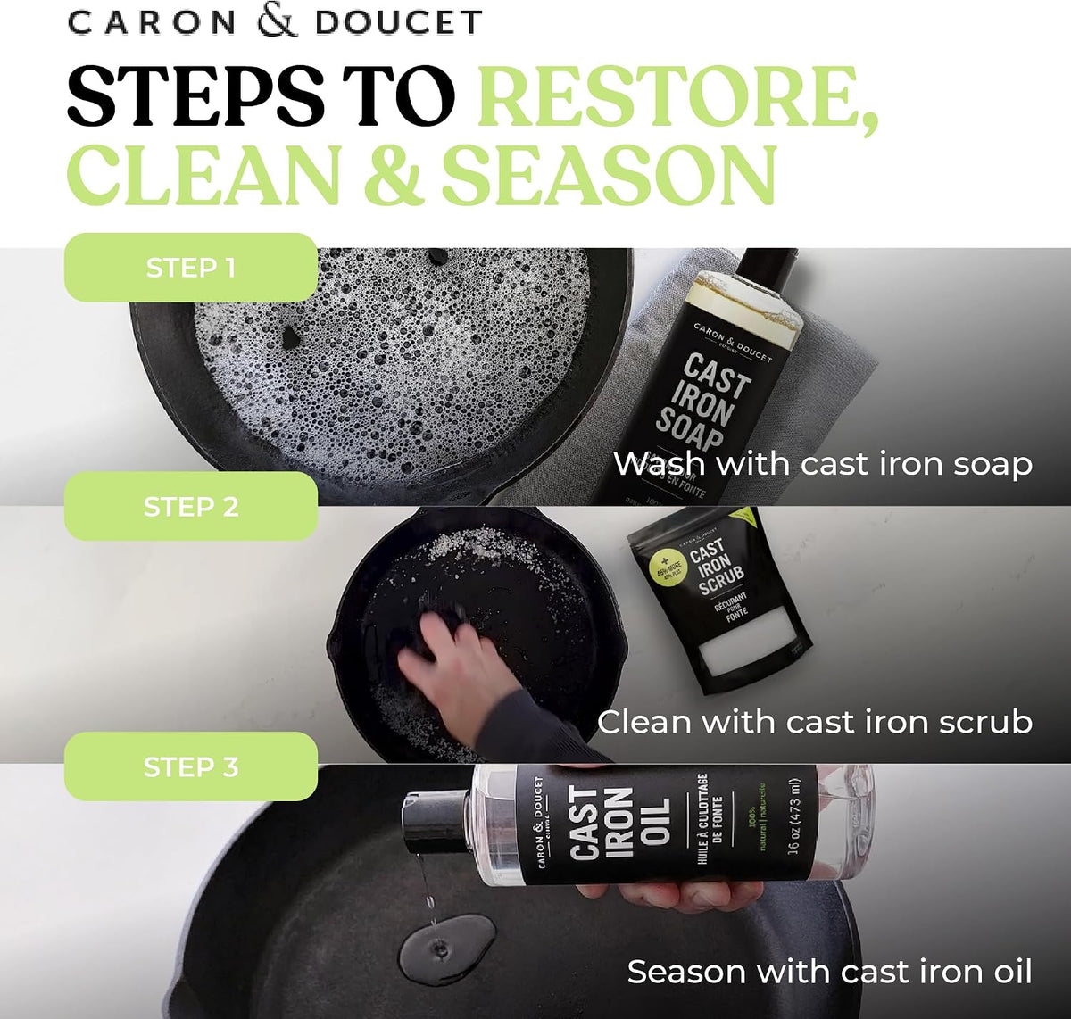 New Ultimate Cast Iron Set: Seasoning Oil, Cleaning Soap & Restoring Scrub | – set view