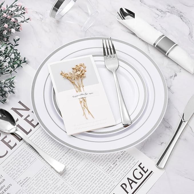 Plates Set with Silver Rim, White Plastic, 10.25-Inch Dinner Plates