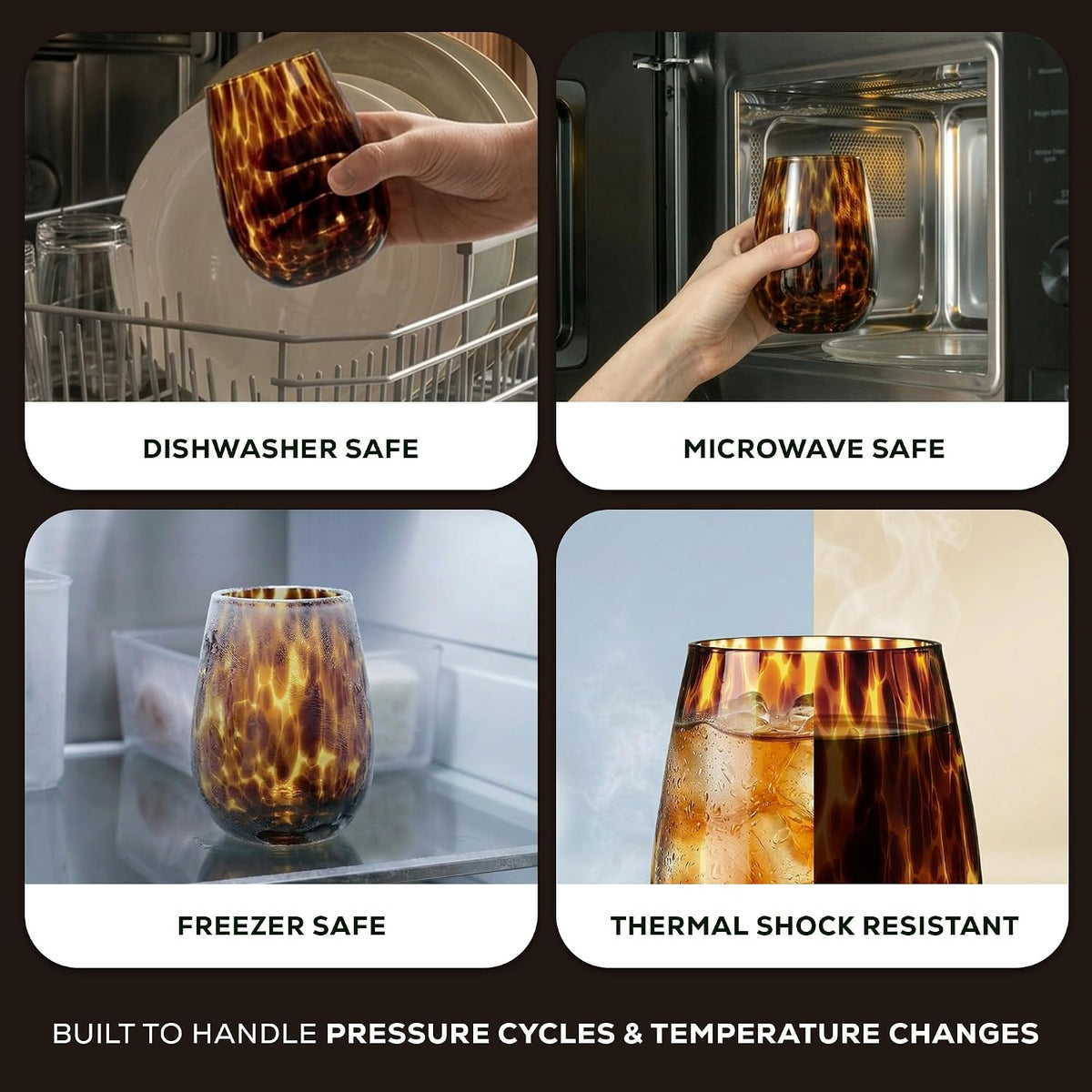Tortoise Shell Stemless Wine & Water Glass Set of 4 – 16.91 oz Borosilicate – close-up