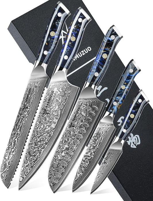 Chef Cooking Knives Set- Kitchen Knife Set of 5 Piece - Ultra-Sharp VG10 Damascus Steel & Resin Handle - Xuan Series (Starry Black)