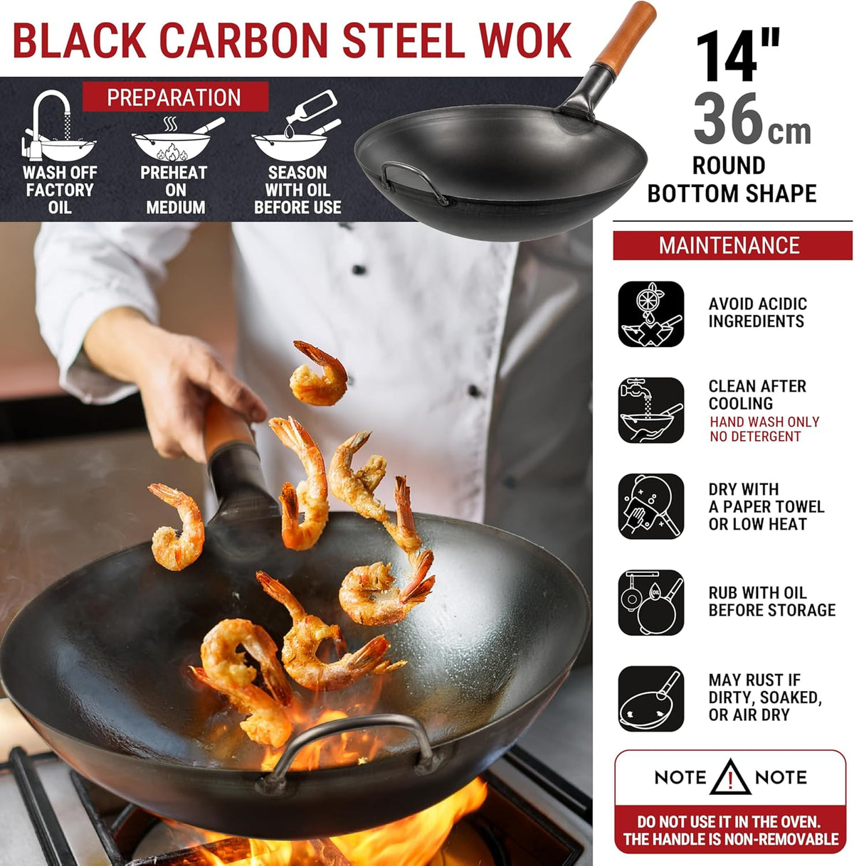 14" Black Carbon Steel Wok with Round Bottom – close-up