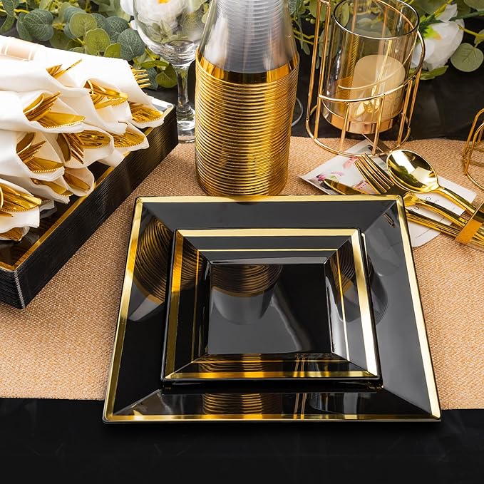 Party Plates Set, 352 Pieces in Black Plastic with Gold Rim