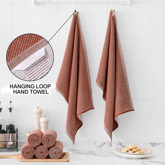 Dish Towels Set of 8, 18 x 28 Inch Cotton Tea Towels with Hanging Loop, Rust