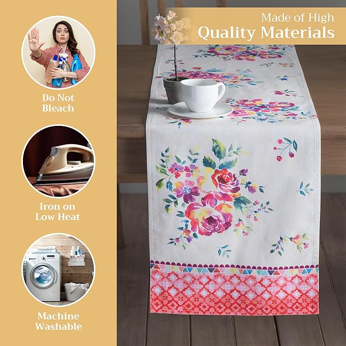 Cotton Table Runner in Rose Garden, Double Layer, 14.5 x 108 In