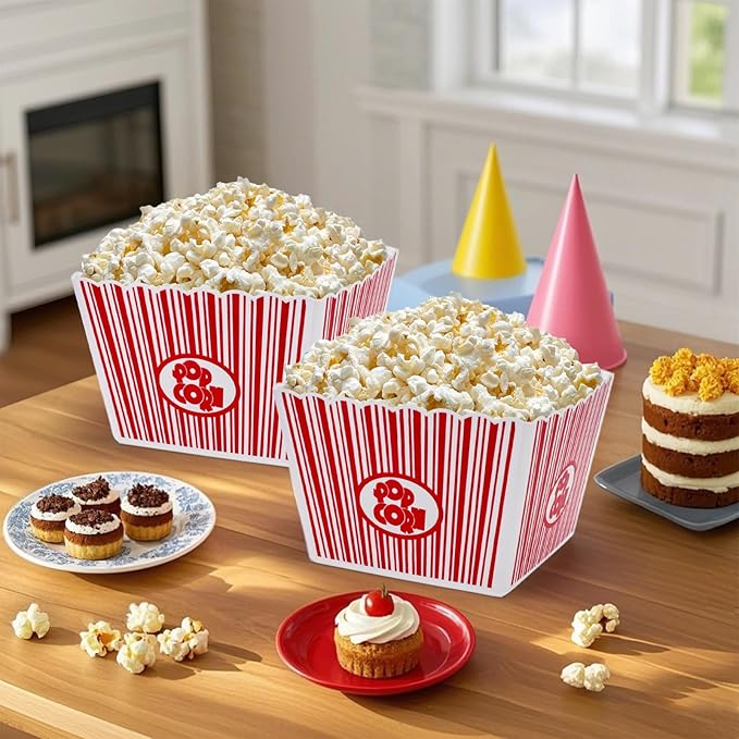 Snack Bowls - Reusable Red and White Plastic Popcorn Containers, 6 Pack