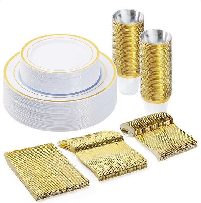 Plates Set, Disposable Plastic, Gold, 150 Pieces for 25 Guests