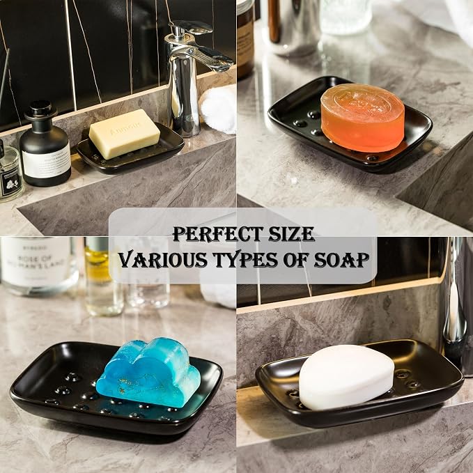 Soap Dish, Black Ceramic with Drainage Points, 5.59 x 4.02 Inch