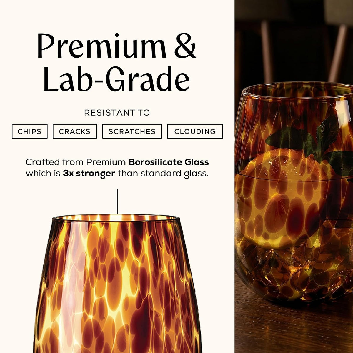 Tortoise Shell Stemless Wine & Water Glass Set of 4 – 16.91 oz Borosilicate – alternate view