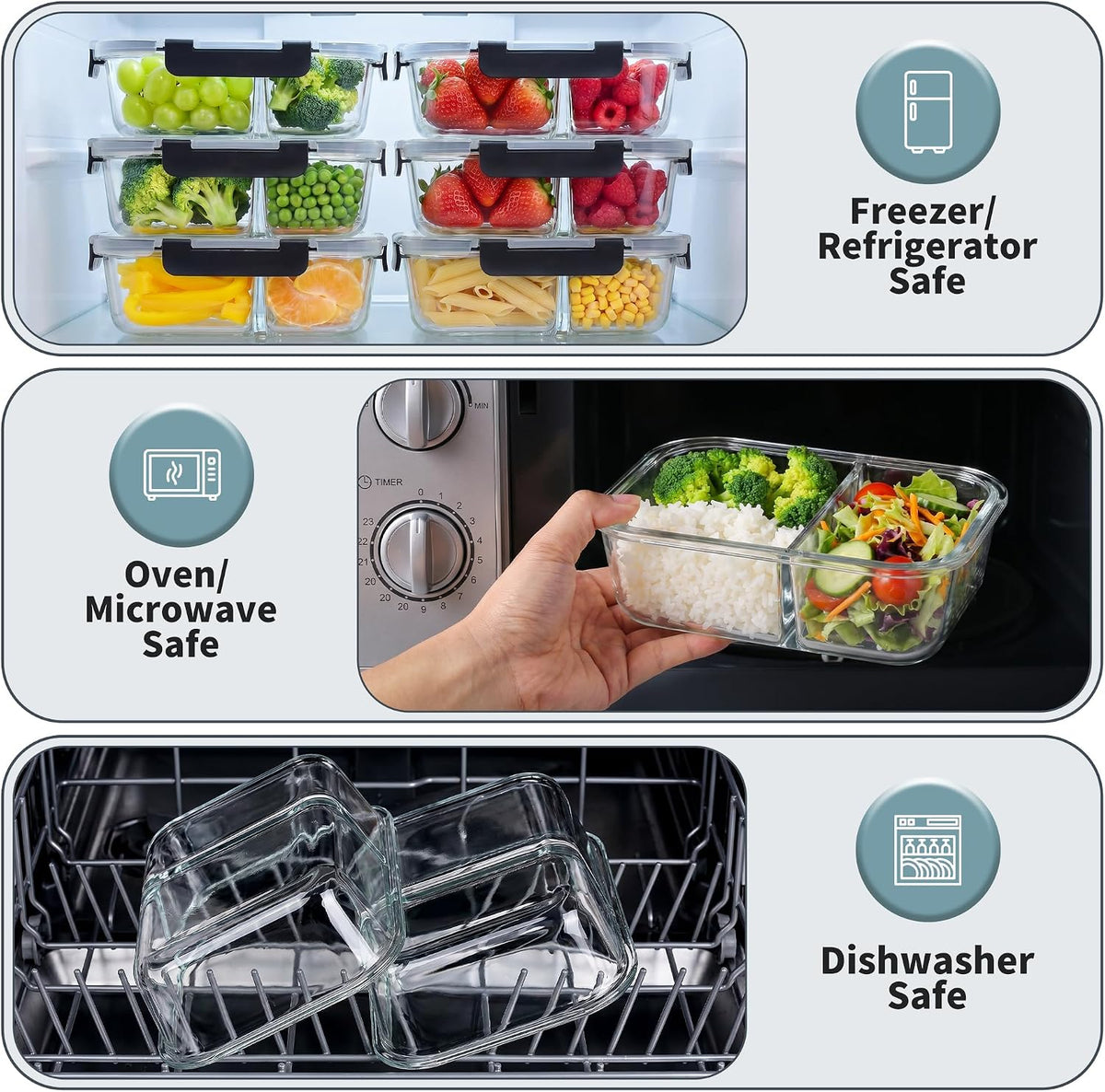 8 Pack 2 Compartment 36oz Borosilicate Glass Meal Prep Containers with Lids – features