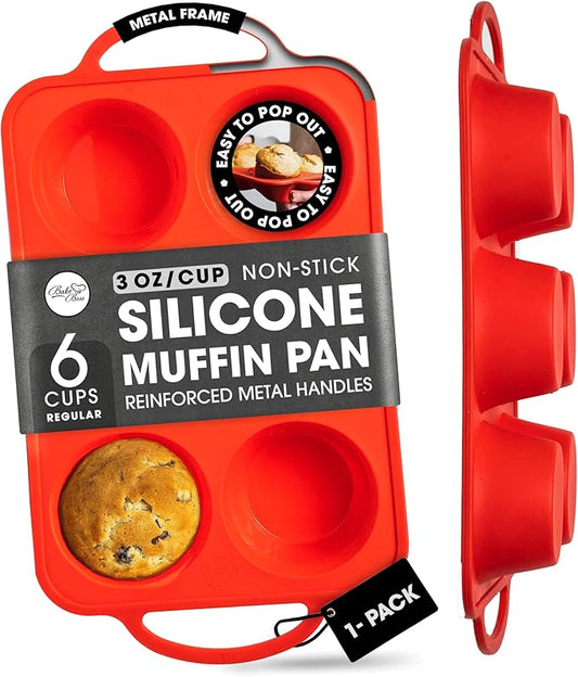 Regular Size 6 Cup Silicone Muffin Pans for Baking - Non-Stick Silicone Cupcake Pans, Easy-Release, Metal Handles, BPA-Free, Dishwasher & Oven Safe, Even Baking Muffin Tray