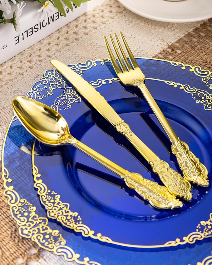 Clear Blue Plastic Plates Set, 350 Pieces for 50 Guests