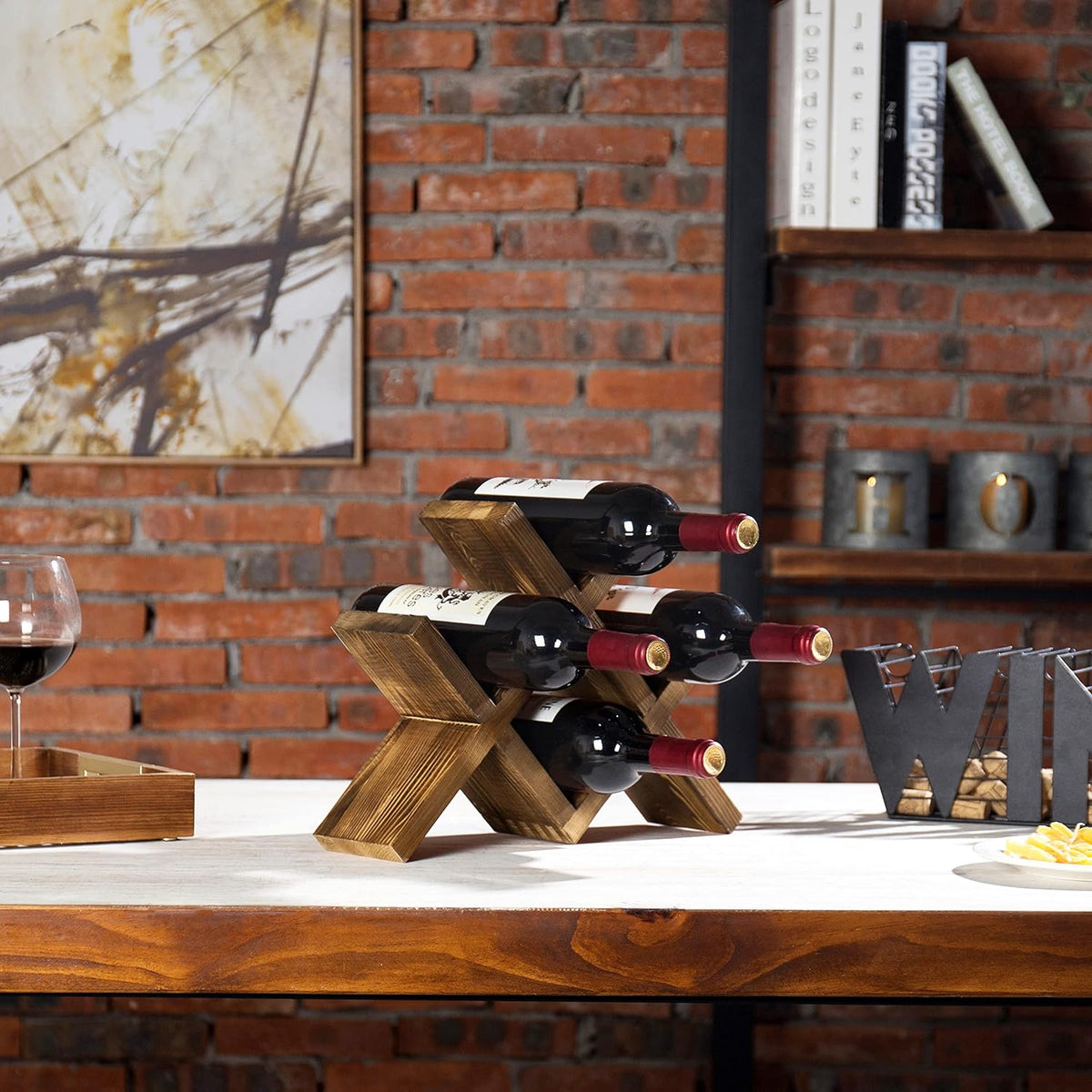 4-Bottle Rustic Brown Wood Wine Rack for Countertop - Brushed Country Rustic – close-up