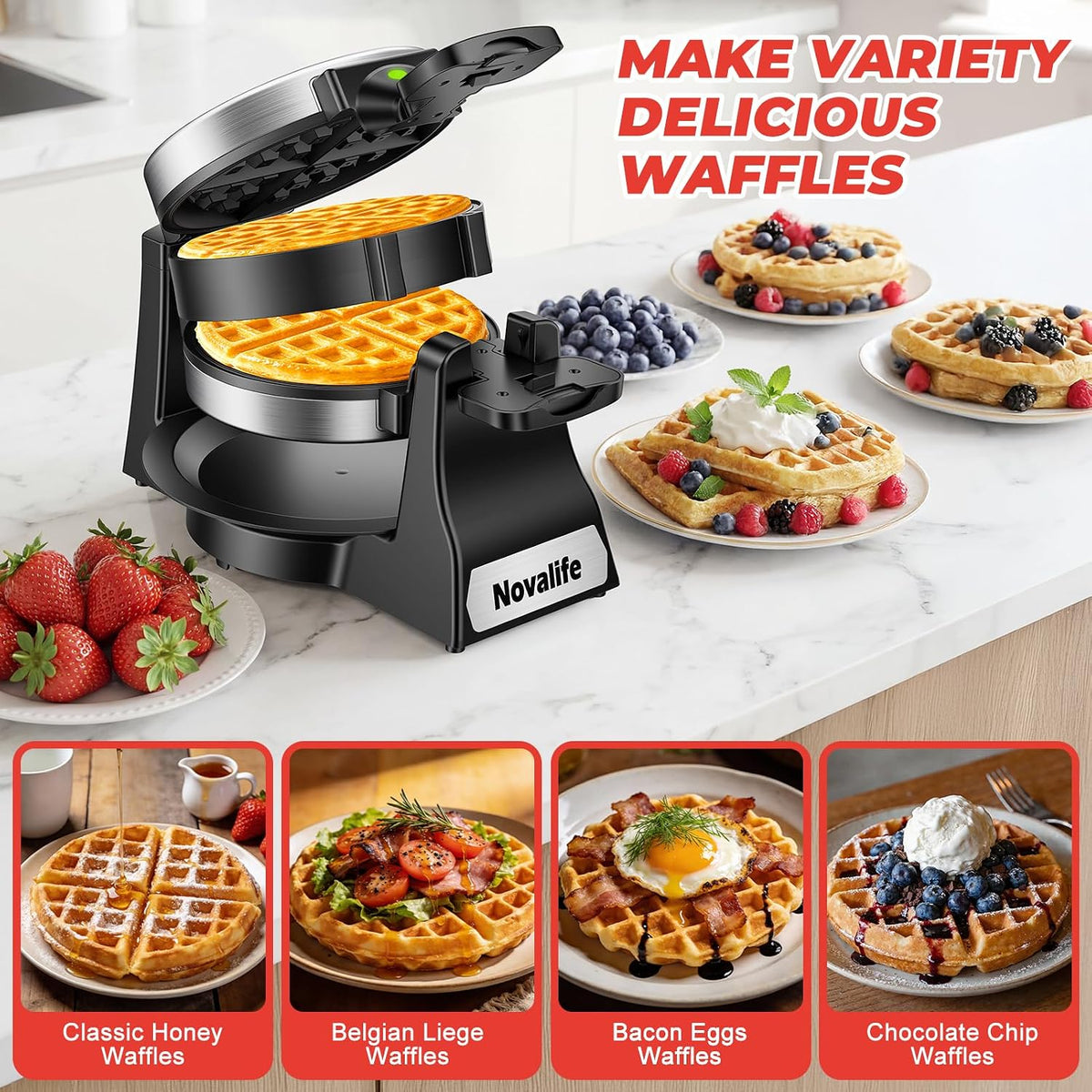 Waffle Maker, 1400W Belgian Waffle Maker, Double Waffle Iron 180° Flip, 8 – set view