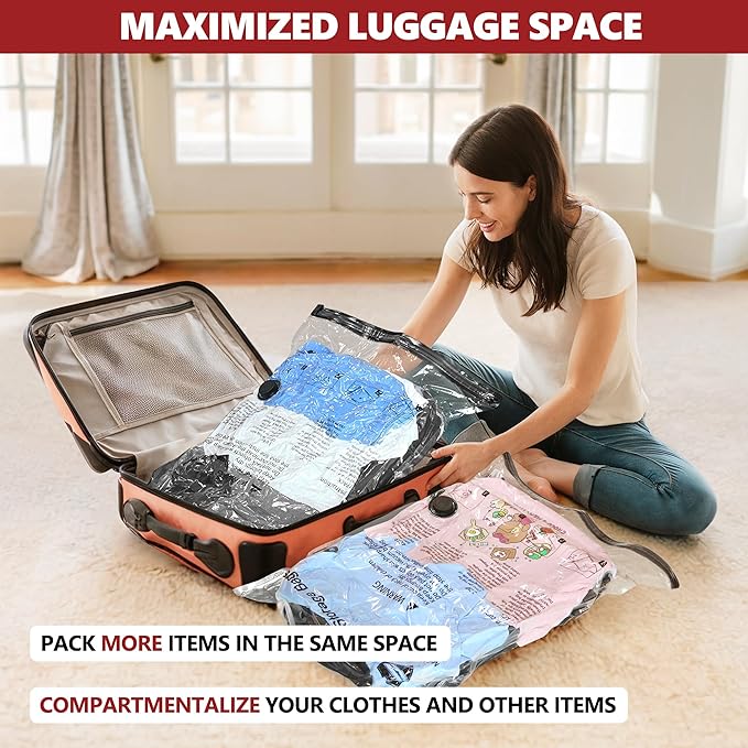 SUOCO Travel Vacuum Bags for Luggage with Portable Electric Pump, 12 Combo (4L/4M/4S) Packing Seal Bags for Clothing Suitcase Backpack, Space Saver Compression Clothes Storage Bags