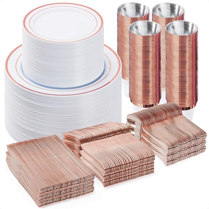 Plates Set for 100 Guests in Rose Gold, 600 Disposable Plastic Pieces