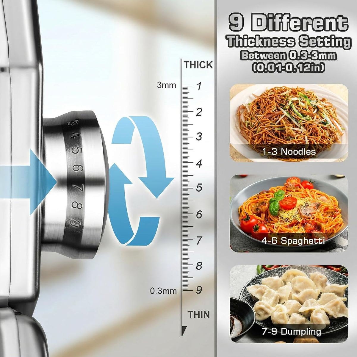 3-in-1 Pasta Maker with 9-Setting Pasta Roller & Cutters, Silver – detail