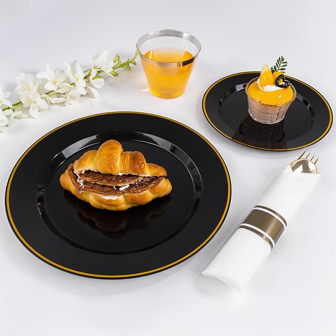 Plastic Party Plates Set in Black and Gold, 175 Pieces for 25 Guests