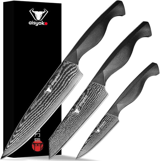 8C Damascus Knife Set - 3PC Chef's Knife, Kitchen and Paring Knives, High Carbon Stainless Steel, Ergonomic Full Tang ABS Anti-Skid Handle