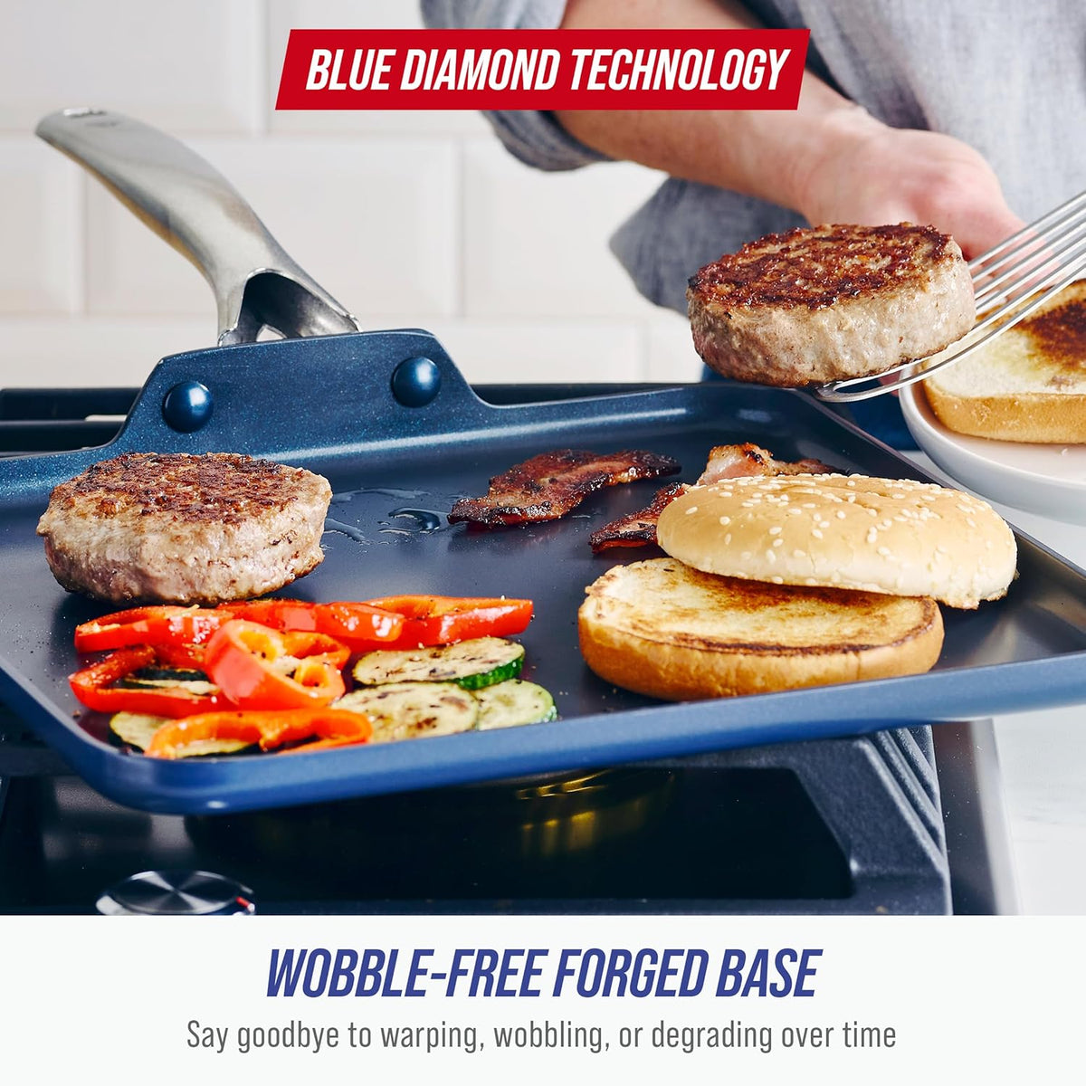11" Diamond Infused Ceramic Nonstick Square Griddle Pan, Blue – set view