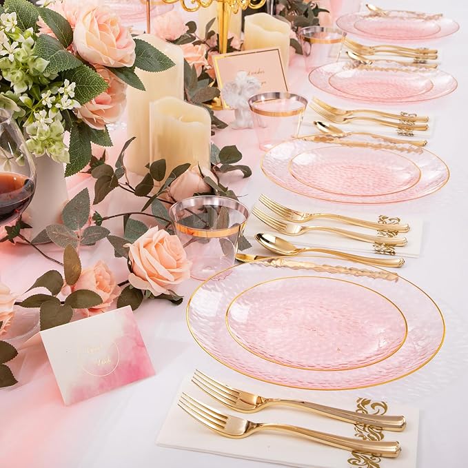 Plates for Parties: Round Pink Plastic Set with Gold Rim