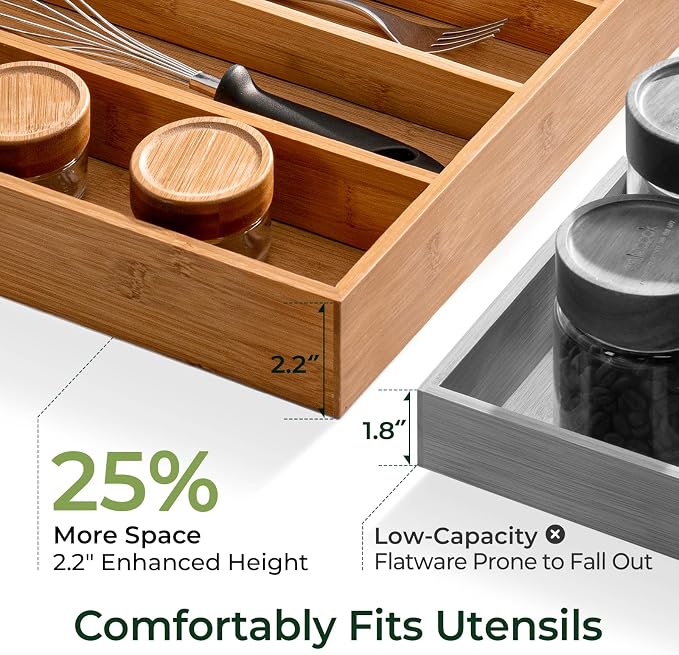 Bamboo Flatware Organizer, 8 Compartment Drawer Tray, Carbonized Brown
