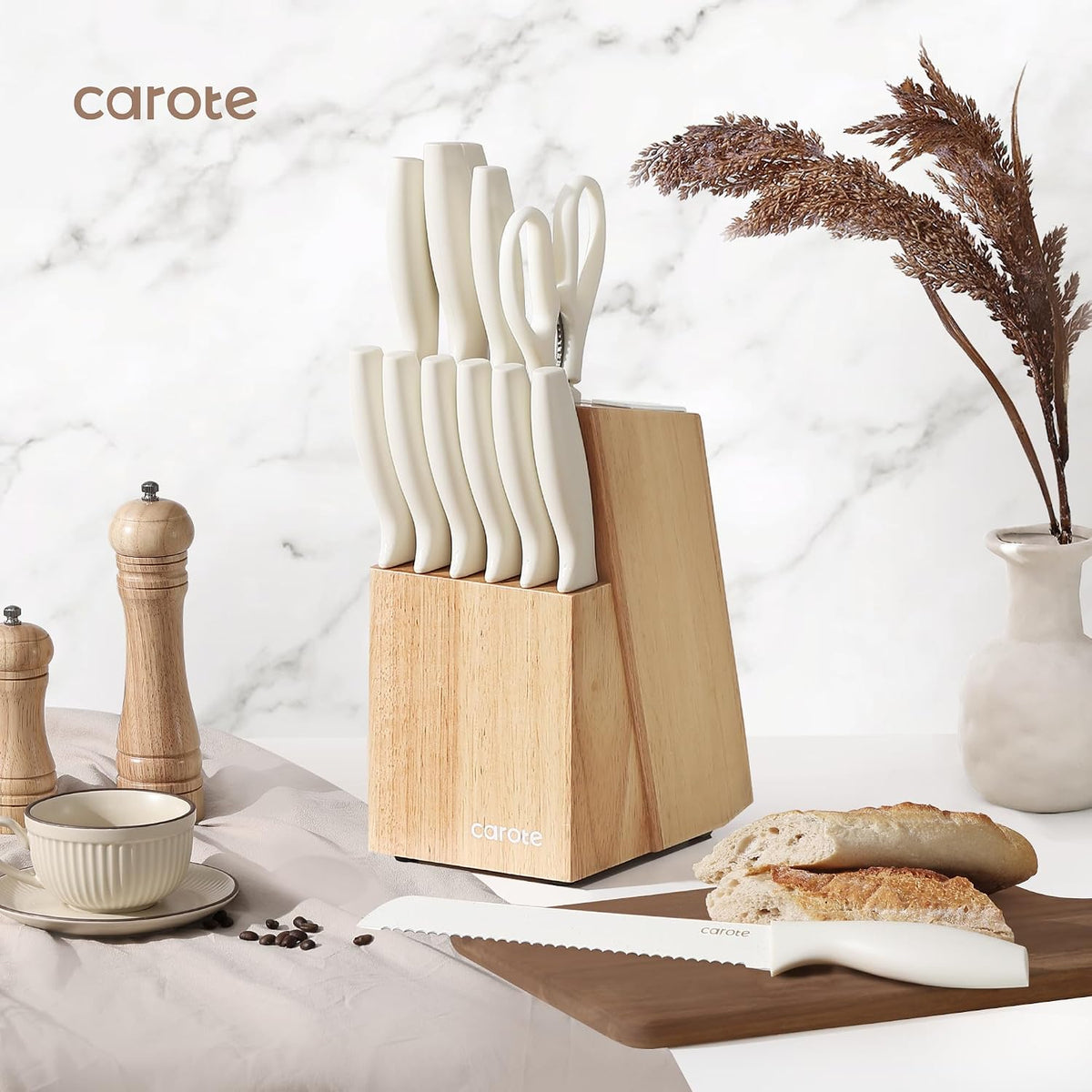 15-Piece Knife Set, Wood Block with Built-In Sharpener, Cream – close-up