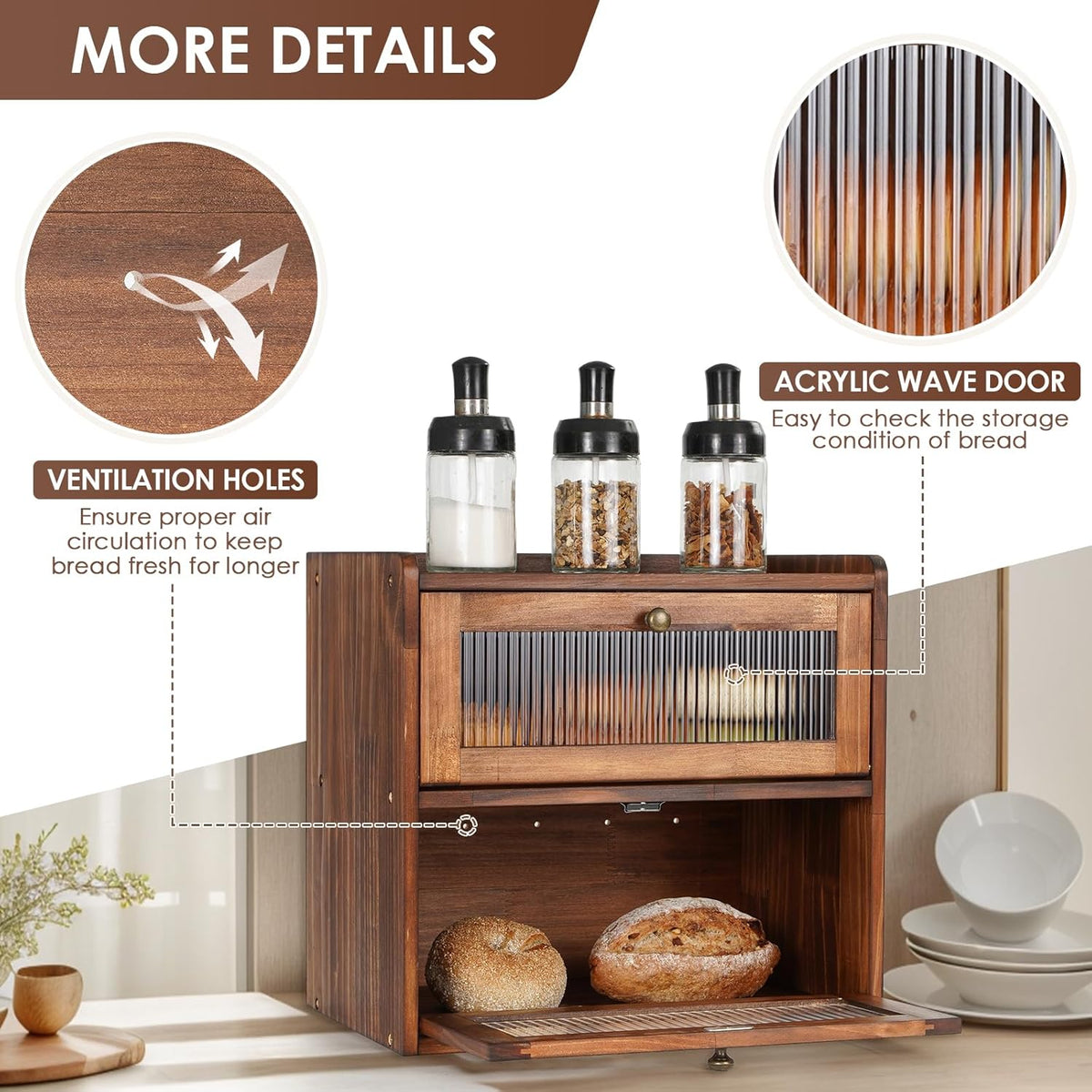 Bread Box for Kitchen Countertop Wooden Bread Storage Container Bin 2 Layer – detail