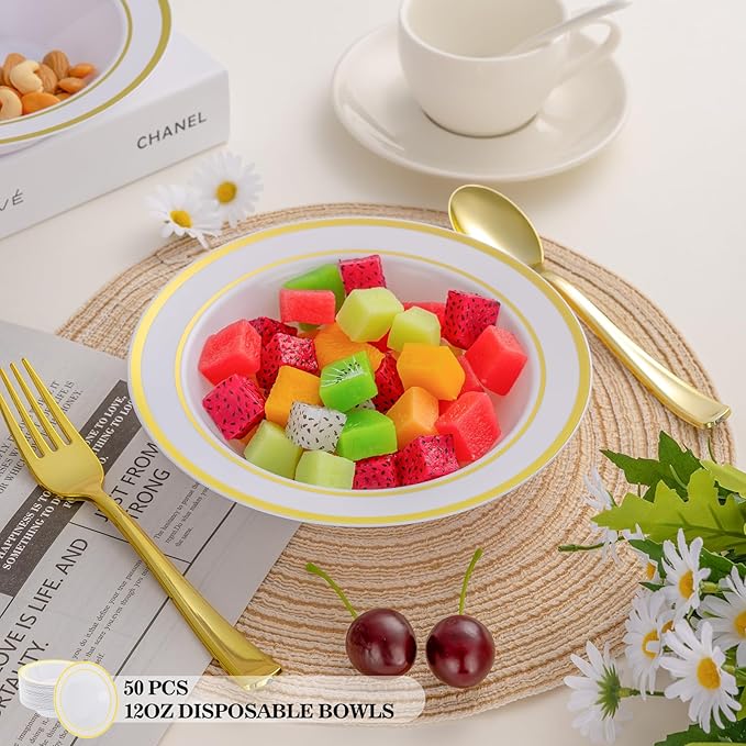 Disposable Bowls 12 oz White Plastic with Gold Rim, 50 Count