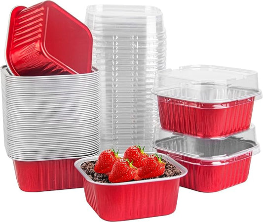 50 Pcs Mini Square Baking Cups with Lids,10oz Aluminum Foil Mini Cake Pans with Lids,Disposable Ramekins Cake Pans,300ml Dessert Cups Cupcake Pans for Wedding Birthday Party,Red