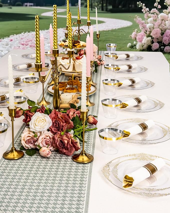 Disposable Plates Set, 350 Pieces, Clear Gold Trim for 50 Guests