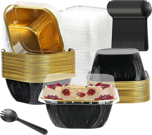 Aluminum Mini Cake Pans With Lids - 30PCS 7.8OZ Foil Baking Cups, Cupcake Liners, Individual Cheesecake Pans for Wedding - Black Gold