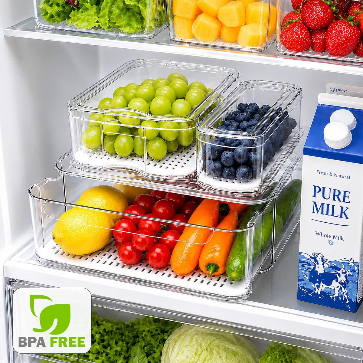 Clear Fridge Bins with Drain Trays - BPA-Free PET, Stackable (8) – size reference