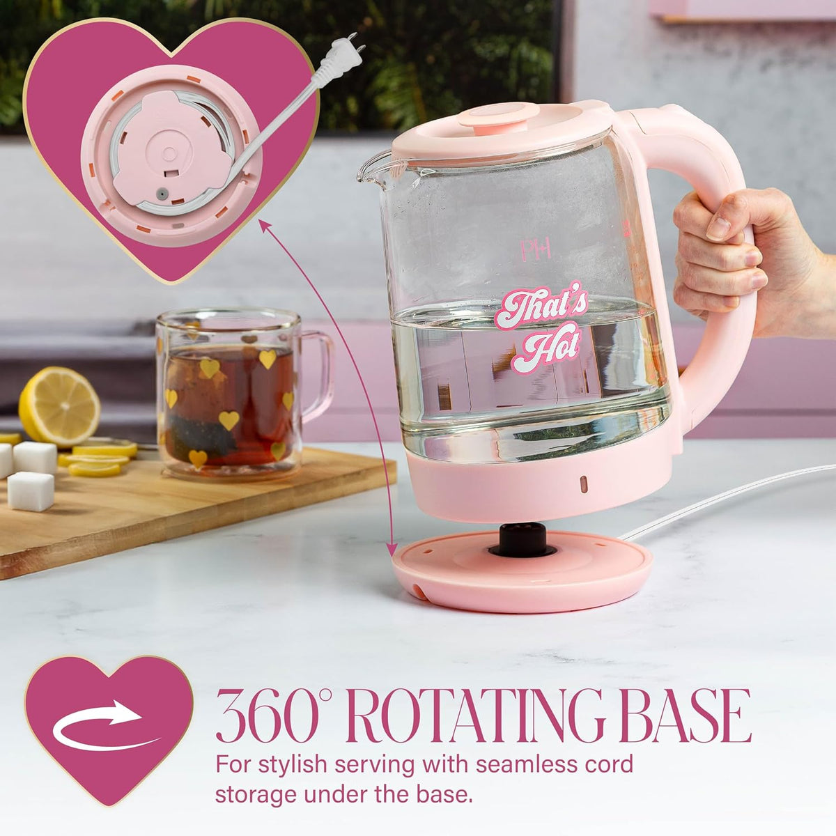 Electric Kettle, Fast Boil with Auto Shut-Off, LED Indicator, 360° Base, Cord – features